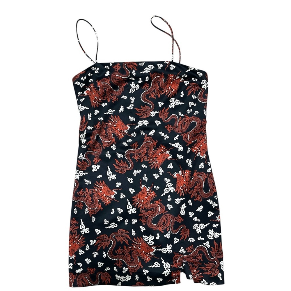 ZARA Dragon Lady Mini Slip Dress XS Black Red Spaghetti Strap Side Slit